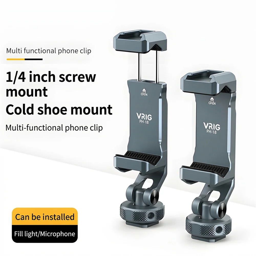 Suporte de Telefone VRIG em Metal com Cold Shoe e Parafuso 1/4"-20 360° °   Suporte Rotativo para Smartphone com Adaptador de Tripé para iPhone Samsung