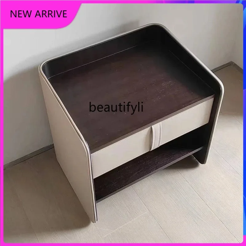 

Modern simple bedside table walnut creative bedroom leather light luxury solid wood minimalist, bedside table H