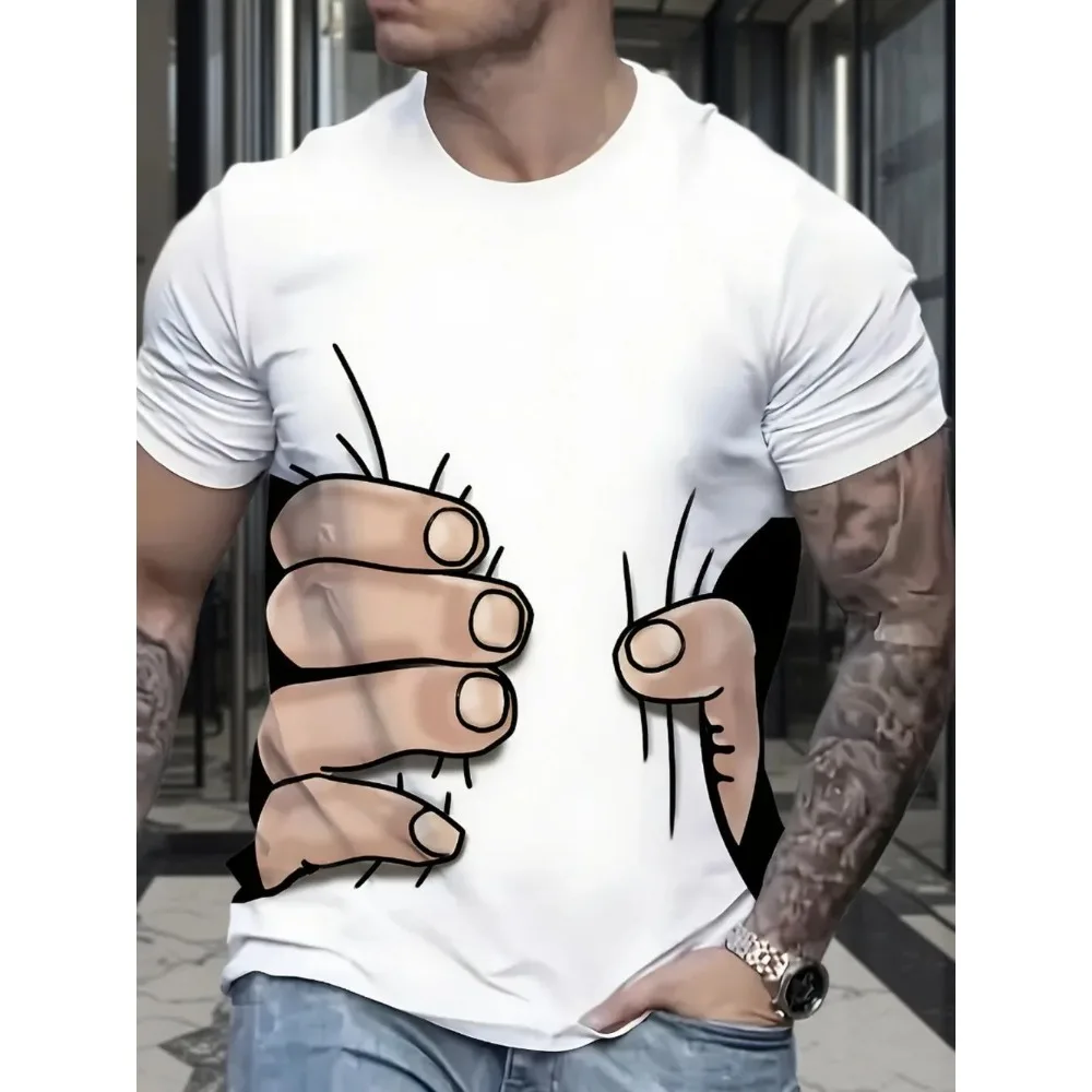3D Optical Illusion Grab Hand Print Men T-Shirt Short Sleeve Funny Graphic Casual Streetwear Summer Top