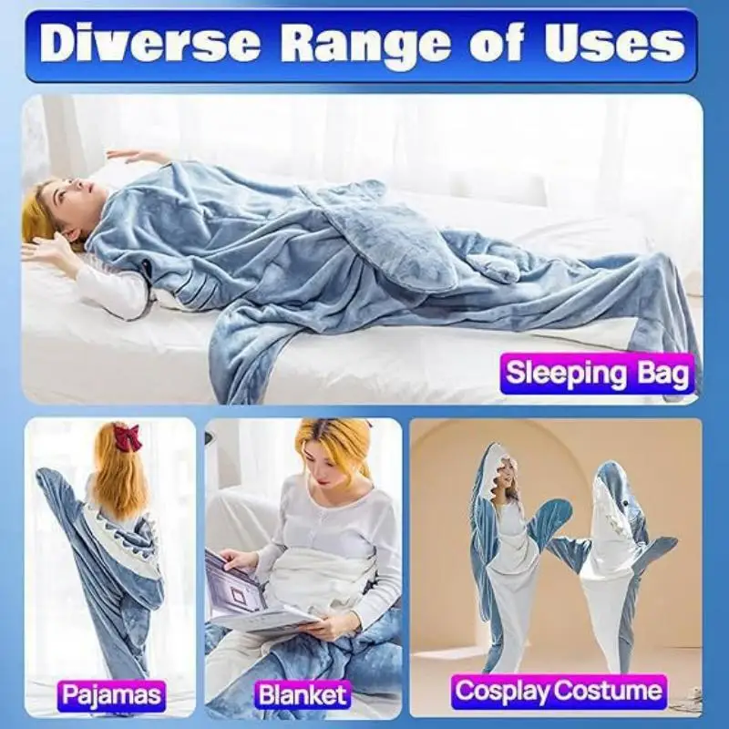 Hooded Loose Lazy One-piece Shark Blanket Pajamas Flannel Couple Home Clothes One-piece Pajamas Shark Cartoon Sleeping Blanket