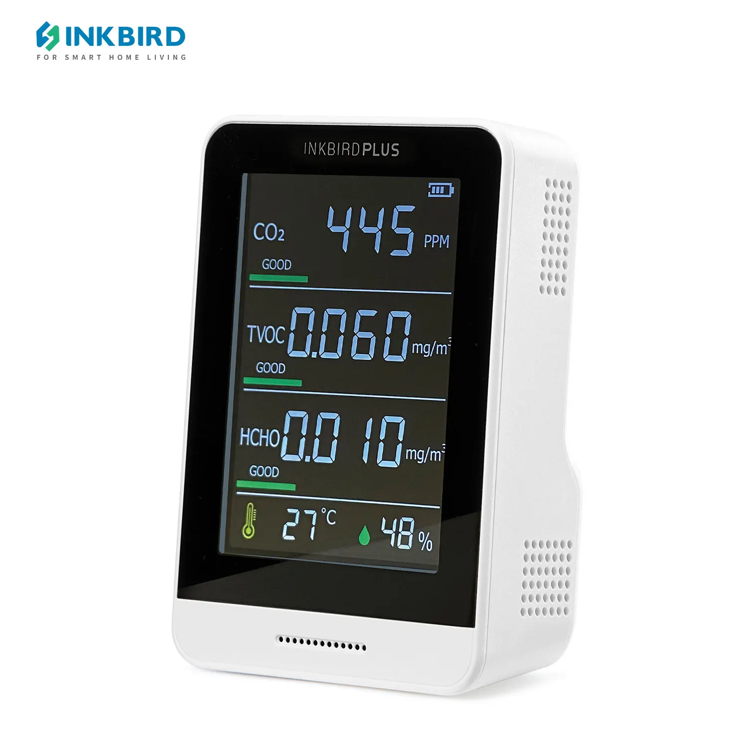 INKBIRDPLUS wykrywacz CO2 Monitor jakości powietrza USB do ładowania CO2 z 3. 5-calowym ekranem dla wilgotności w temperaturze HCHO TVOC