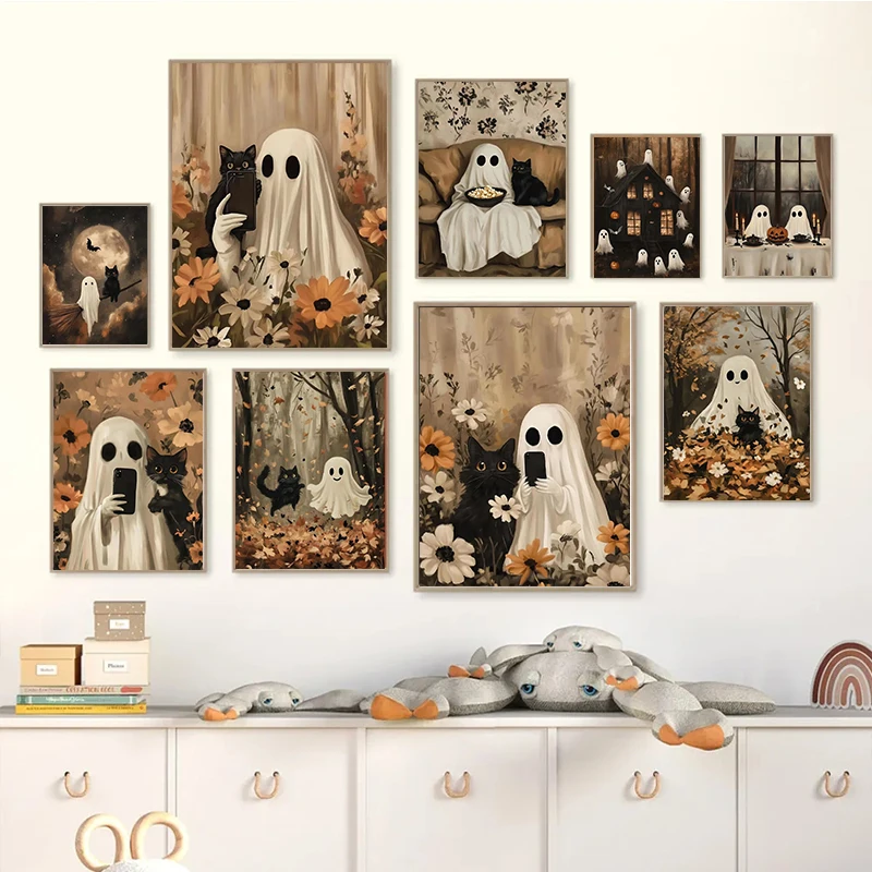 Cute Ghost Dark Scary Pumpkin Ghost Black Cat Retro Poster Autumn Halloween Canvas Paintings Wall Art Pictures Room Home Decor