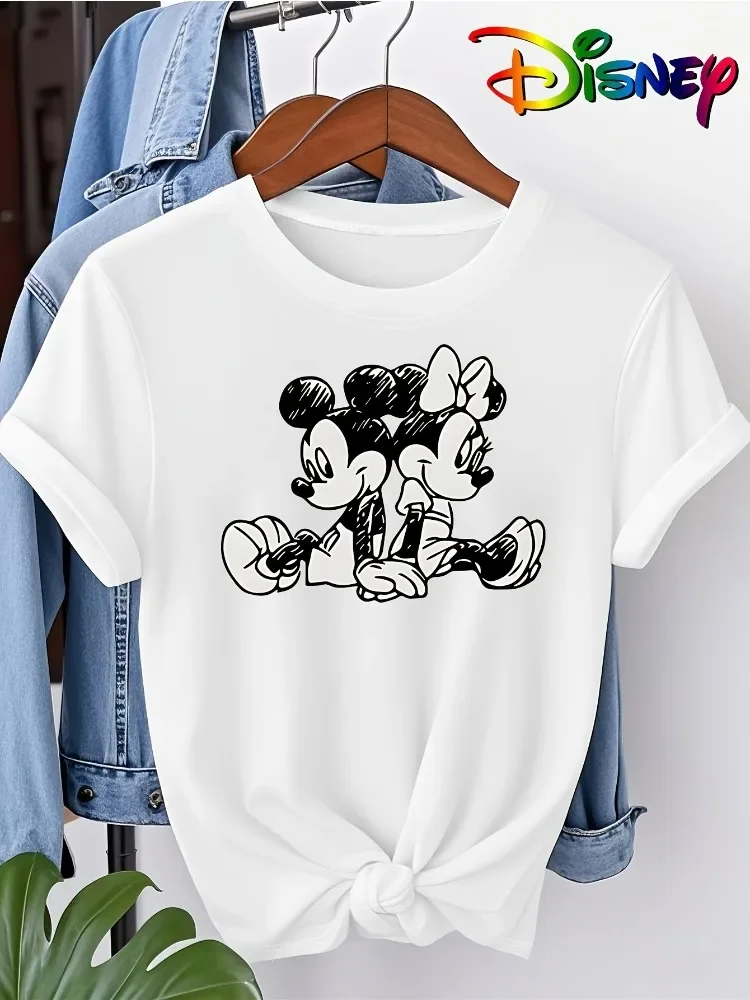 المرأة الصيف عادية موضة تي شيرت نسيج القطن الجولة الرقبة قصيرة الأكمام حجم كبير الكرتون طباعة مزين Harajuku الأعلى Y2K #1