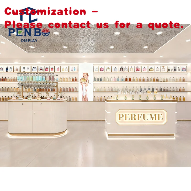 Custom.Luxuriöse weiße Duft-Parfüm-Shop-Vitrine mit Akzenten, hochwertige arabische Parfüm-Kiosk-Vitrine, Mall