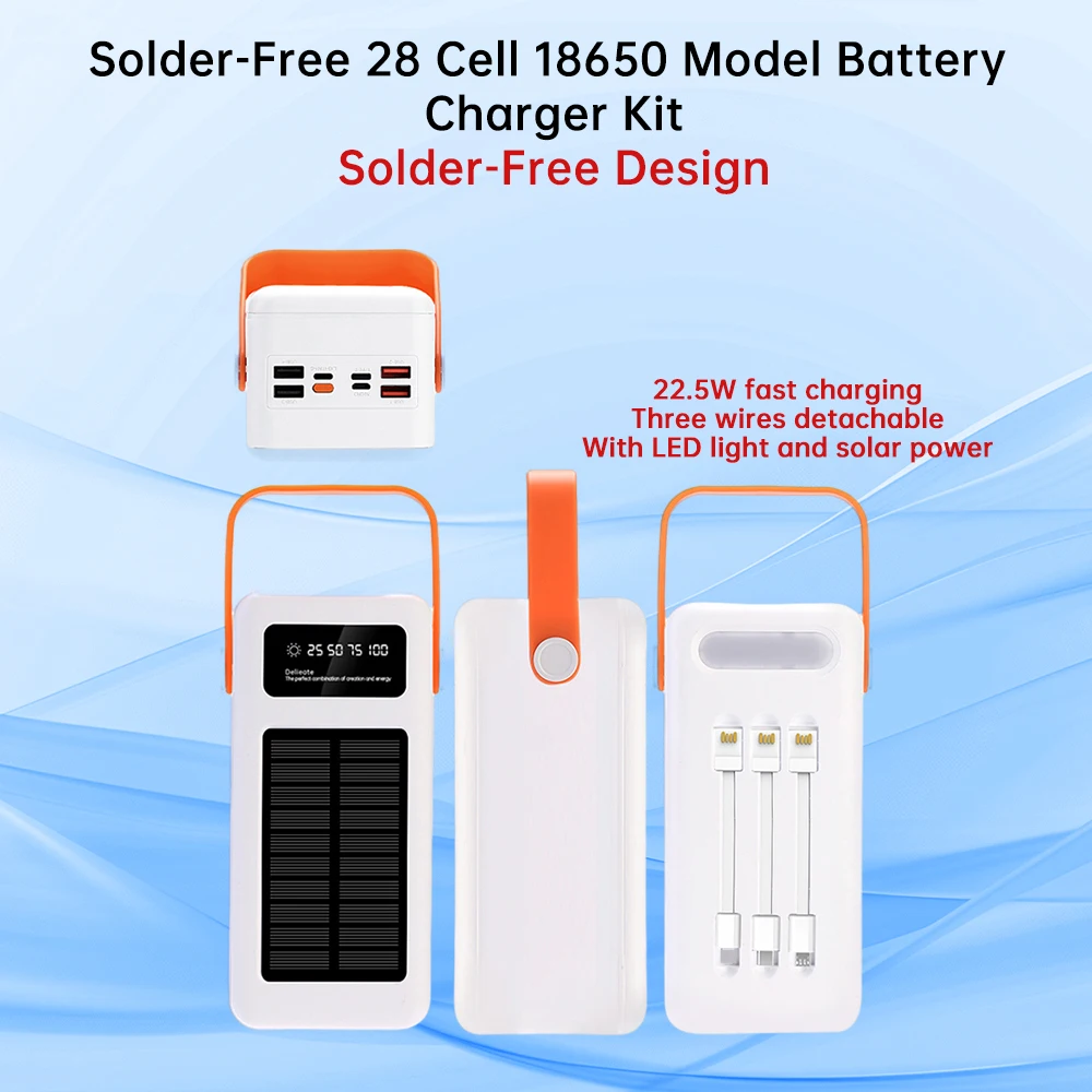 DIY 28x18650 Battery Mobile Power Bank Case Kits Camping Light with Micro USB Type-C Solar Charging 18650 Battery Holder