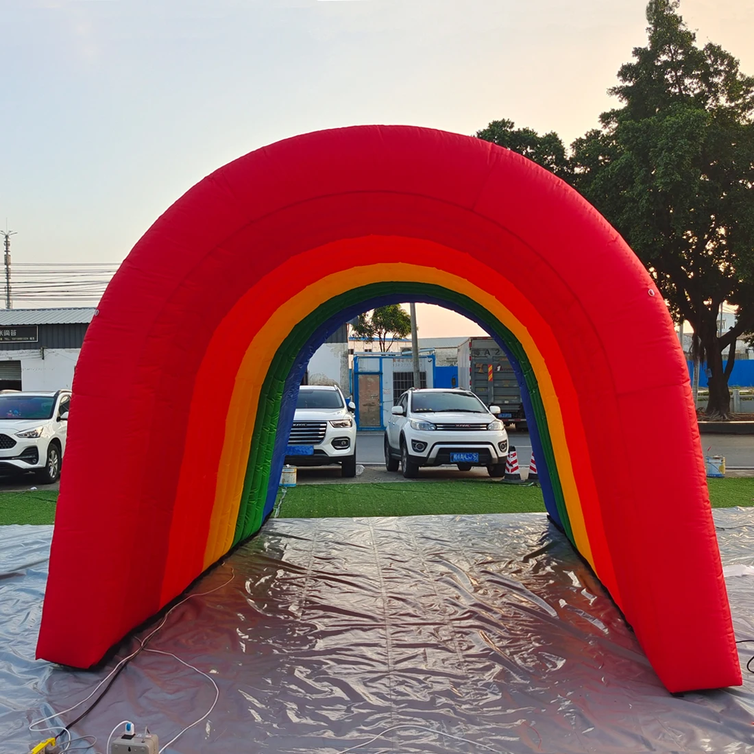 Vinfgoes Rainbow Inflatable Tunnel Entrance Inflatable Tunnel Tent with Air Blower and Separable Mat for Outdoor Events