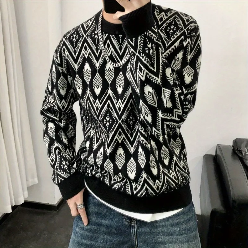 بلوفرات الدراجات النارية للرجال جرافيك أسود بالإضافة إلى حجم كبير ملابس تريكو كورية عصرية بأكمام طويلة Y2k سترة رجالية منسوجة فضفاضة