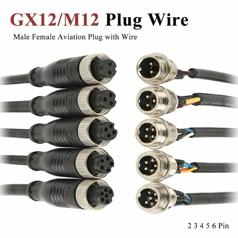 GX12 Aviation Plug with Wire M12 2 3 4 5 6 Pin Fixed Male Female Connector Monitoring Cable Automotive Connection Line