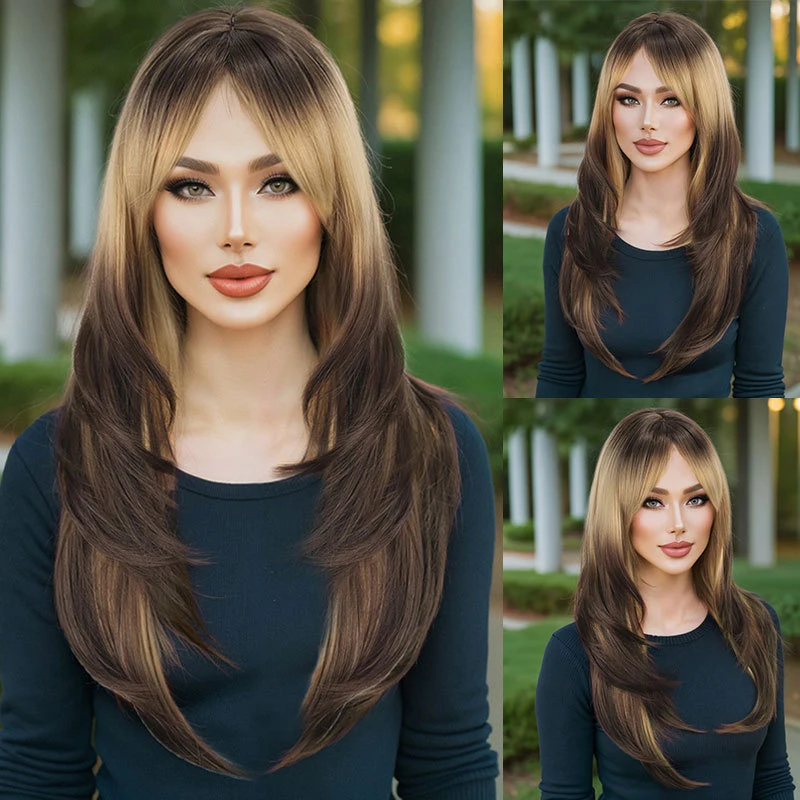 European and American fashion wig for women, dyed long curly hair, gradient golden color, straight bangs, slightly curled ends,