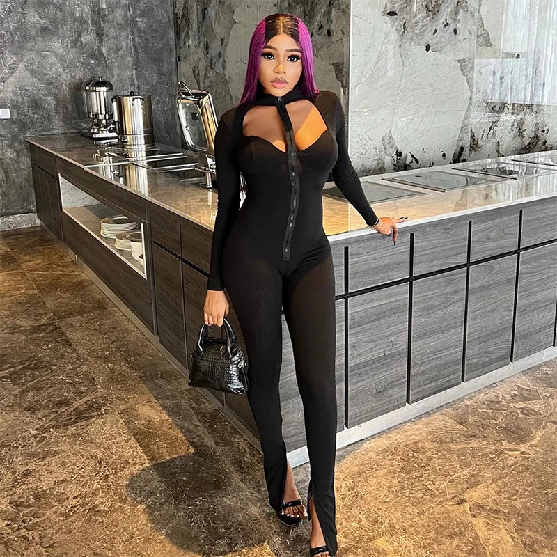 

Hollow Out Zipper Jumpsuits 2023 Winter Fall Y2K Streetwear Clothes Women Rompers Bodycon One Piece Elegant Bodysuit Playsuits