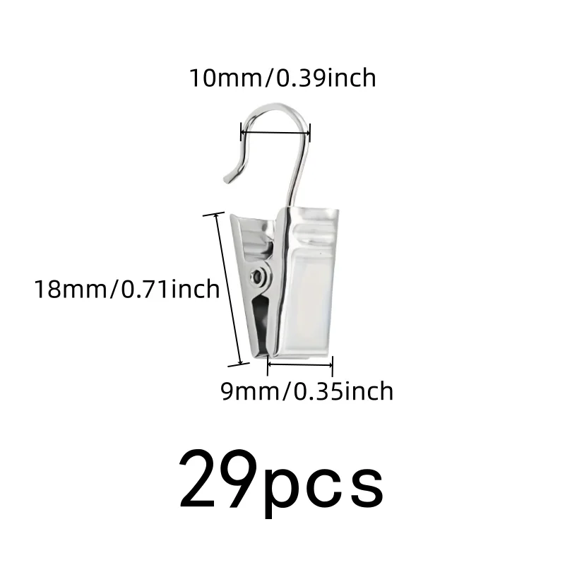 Silver Open-End Design Open Curtain Hooks, 29 pcs, Bathroom Shower Curtain, Strong Secure Grip for Balcony Door Drapery
