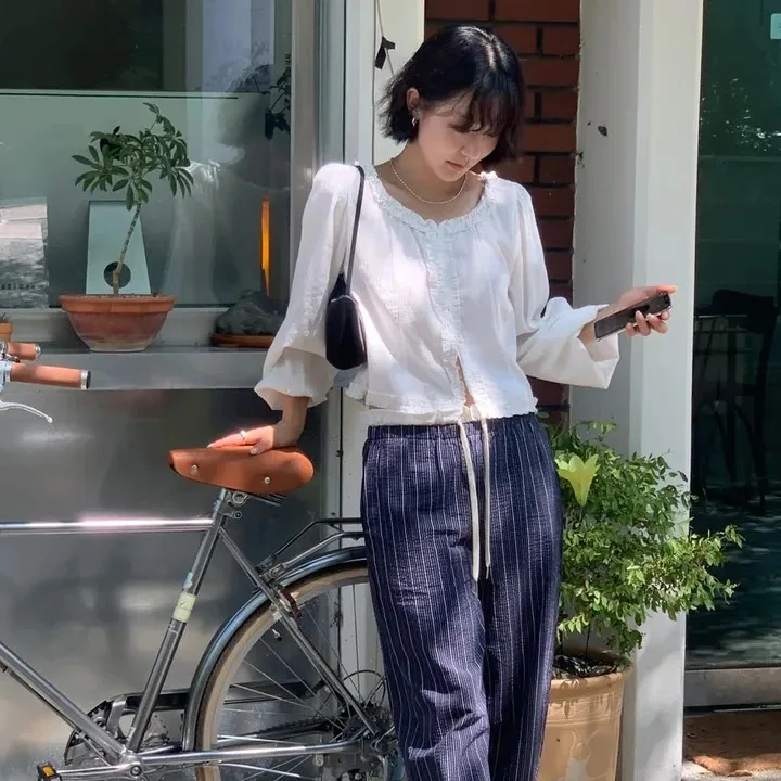 Top de mujer dulce Agel con ribete de encaje y un solo botón de burbuja Sve irt coreano Sle transpirable agradable para la piel primavera Otoño Invierno