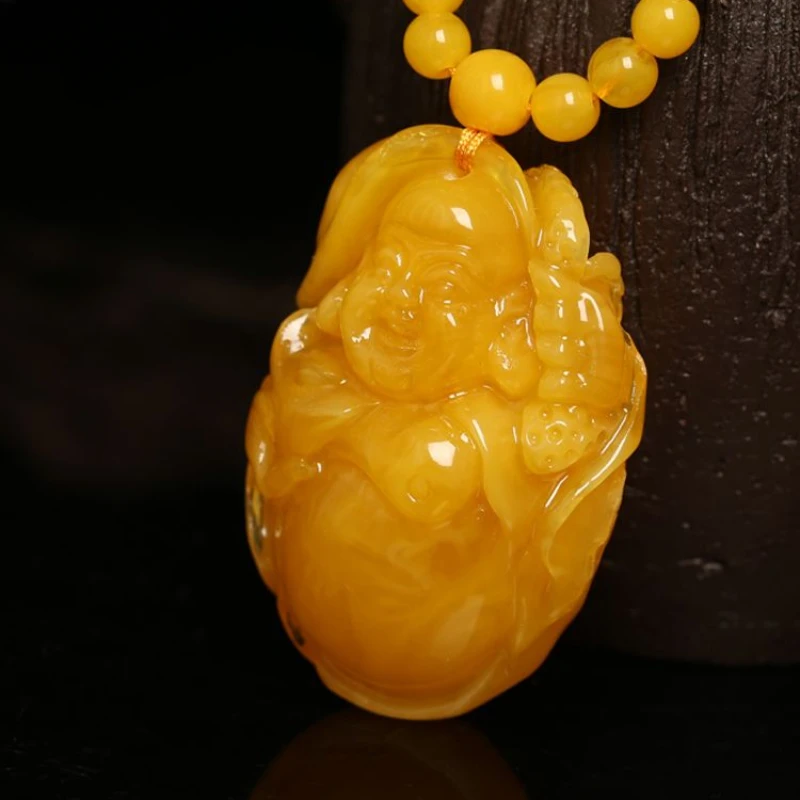 Beeswax Buddha Maitreya Buddha Pendant Women's Necklace Amber Pendant