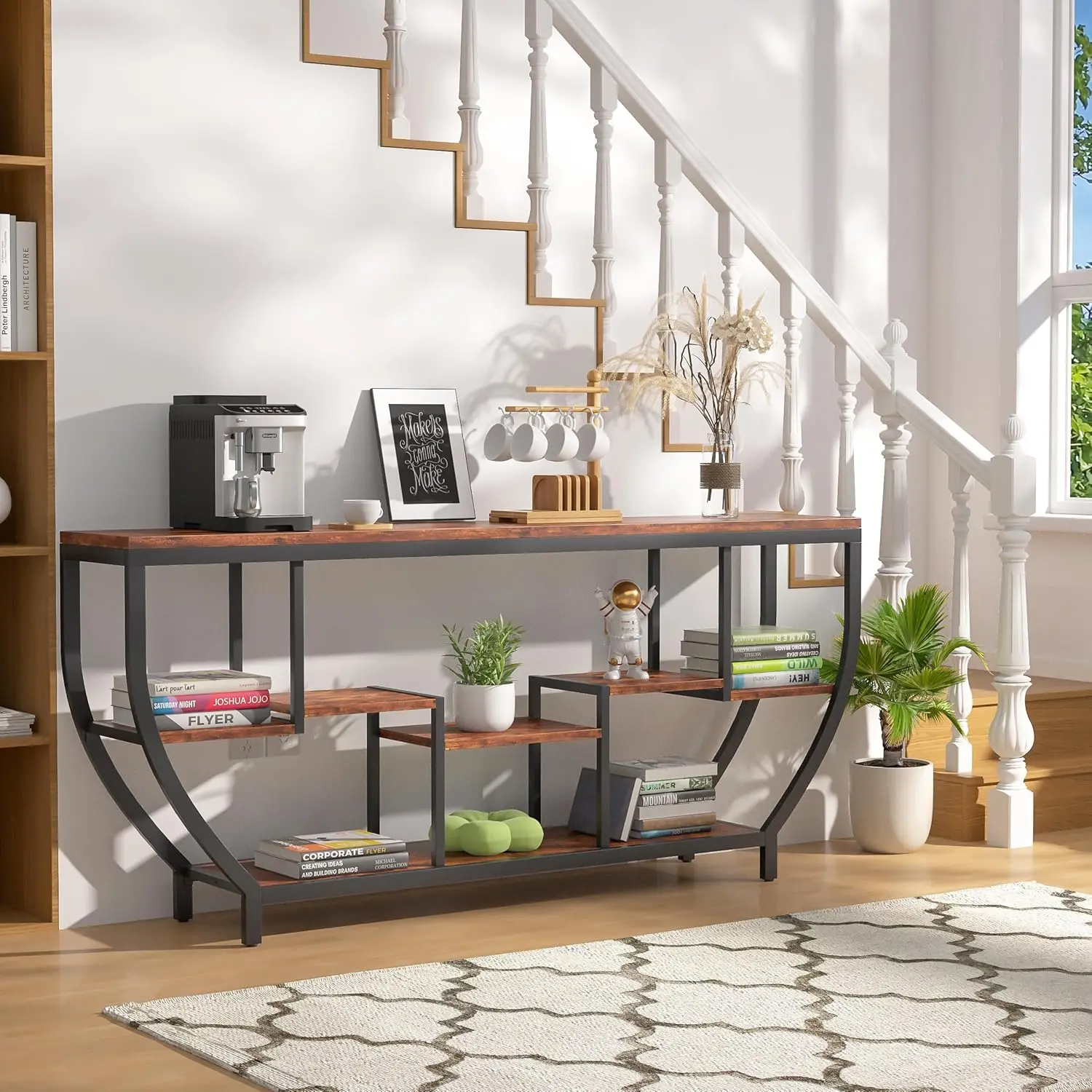 Extra lange consoletafel, metalen frame banktafel met opbergruimte, industriële foyer inkomtafel (bruin)