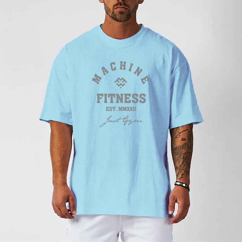 Oversized Loose Gym Fitness T-shirt Summer Mesh Breathable Short Sleeve Muscle Shirt Mens Bodybuilding Muscle Quick Dry Clothing