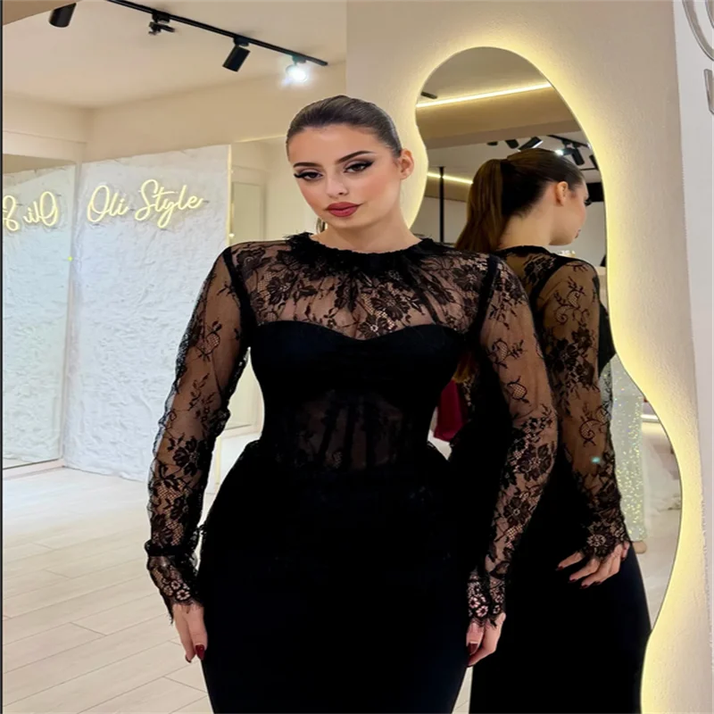 Black Prom Dresses 2026 Luxury Long Sleeves Wedding Dresses and Evening O neck Large Sizes Saudi Women's Evening Dress Customize