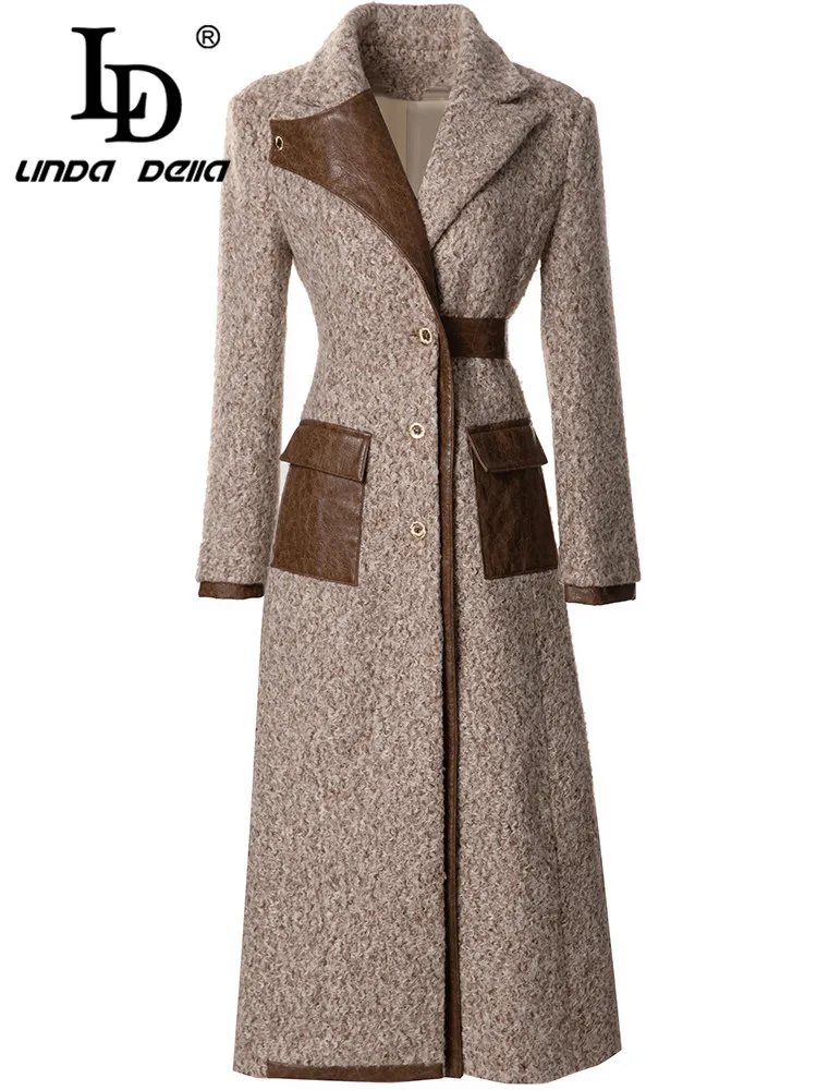 LD LINDA DELLA Autumn and winter New Style Vintage Designer Coat Women Brown Notched Single-breasted Slim Fit Long Coat