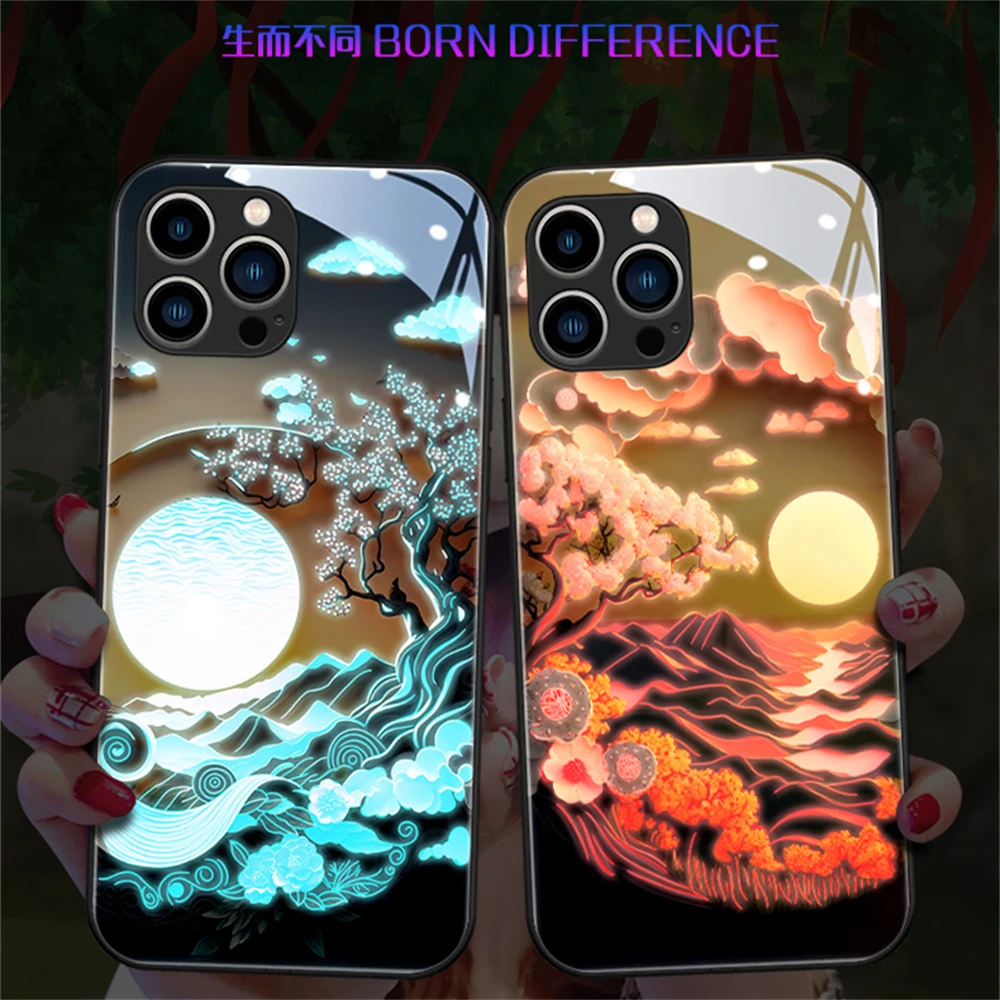 

Pretty Setting Sun Pattern LED Light Phone Case For iPhone 15 14 13 12 11 Pro Max X XR XS 6 7 8 Plus SE2020 Glitter Back Cover