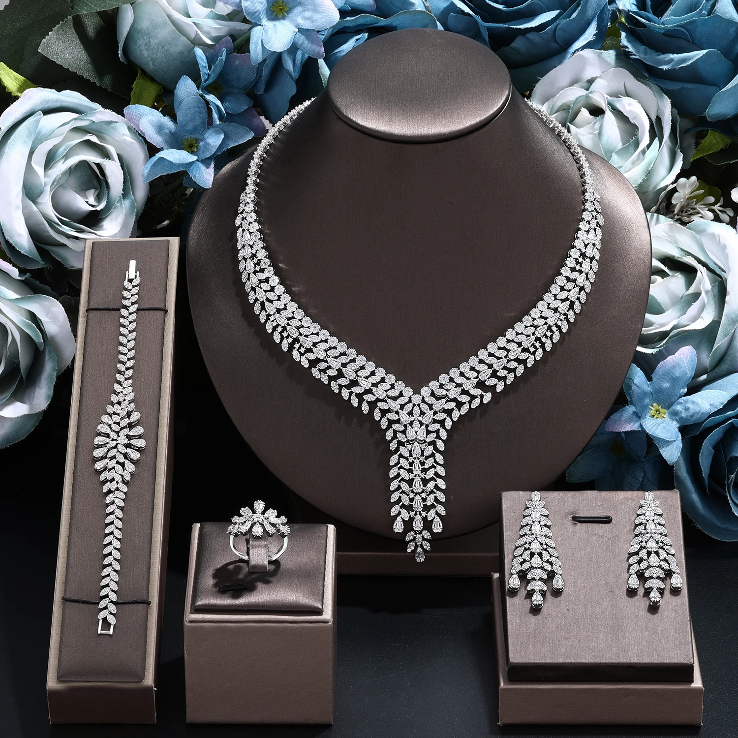 

Gorgeous Cubic Zirconia Platinum Plated Wedding Bridal Jewelry Set 4-piece Dubai Necklace Earrings Party Jewelry Set for Brides