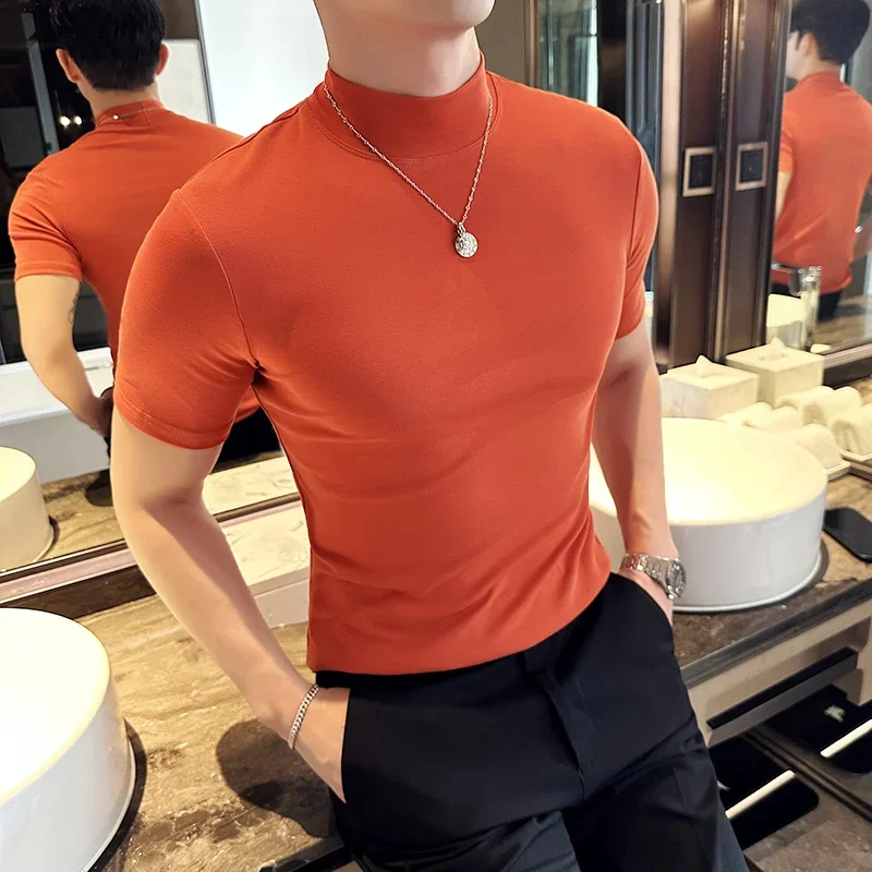 Autumn Winter Men\'s Half High Neck Short Sleeve T-shirt Korean Slim Fit Solid Color Bottom Shirt Casual Cotton Elastic T-shirts