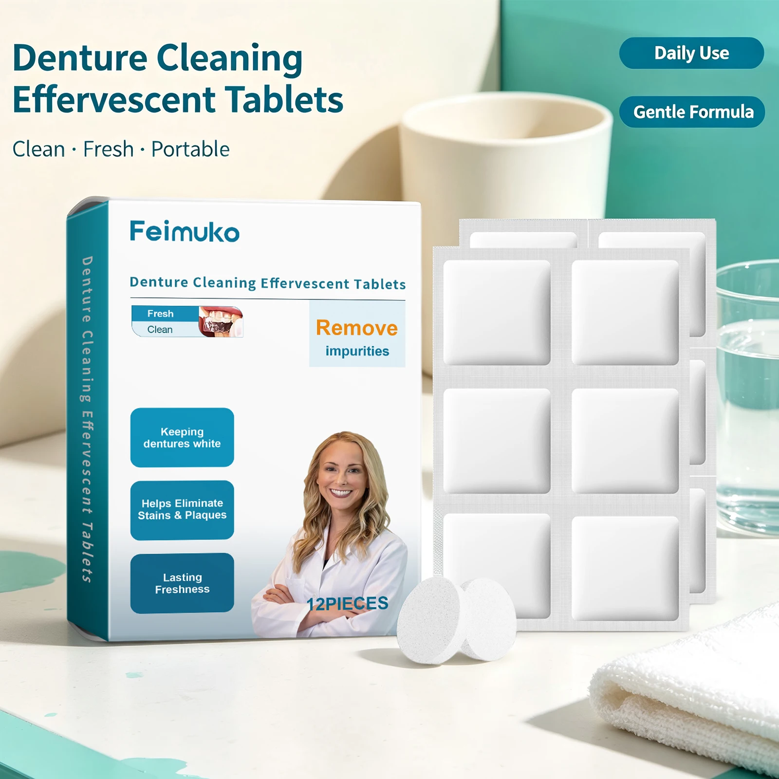Denture Cleaning Effervescent Tablets for Stain and Odor Remove Stubborn Stains and Discoloration Portable False Teeth Care