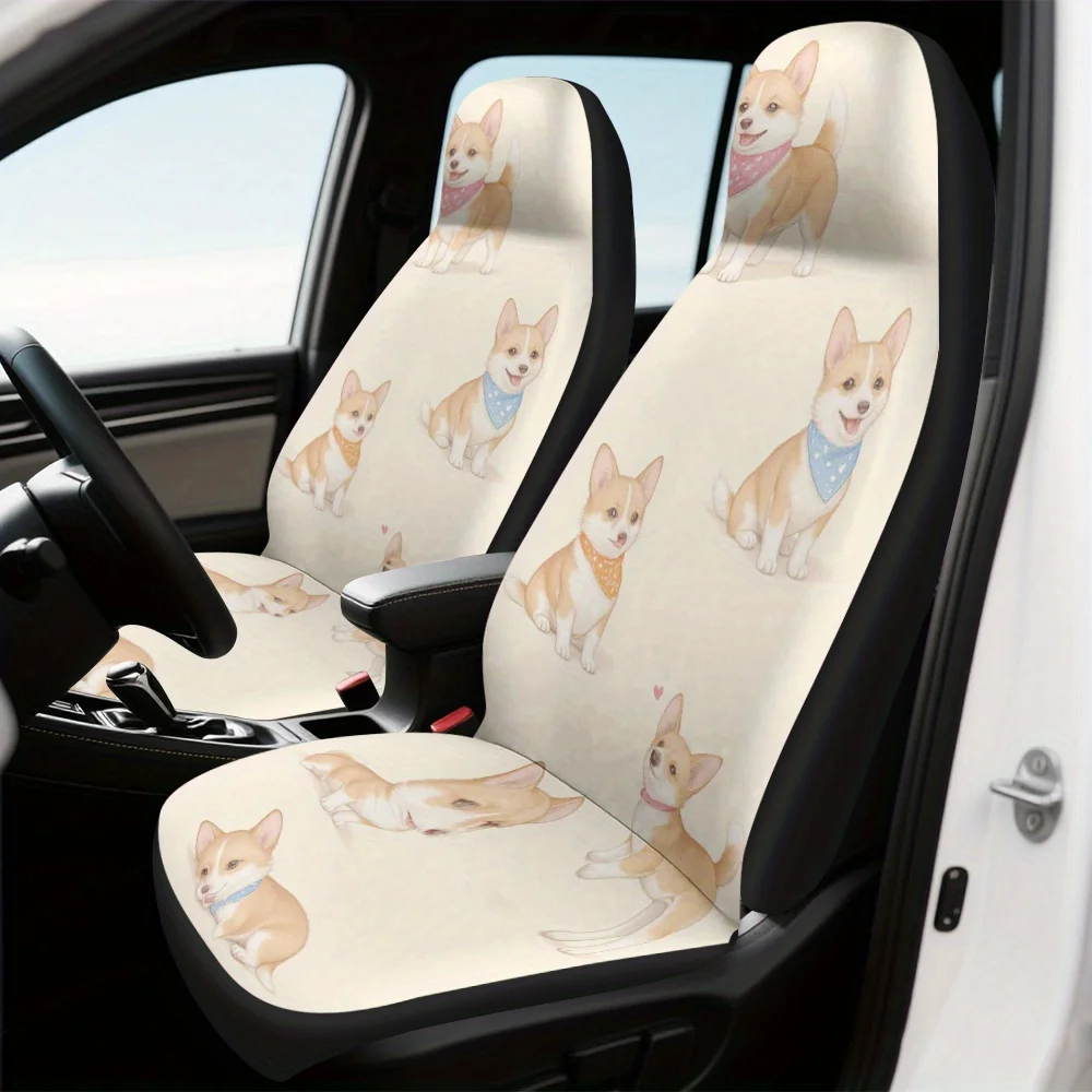 2pcs, Cute Cute Corgi Puppies Print Front Seat Covers For Cars, Four Seasons General, Durable And Washable, Perfect Choice To De
