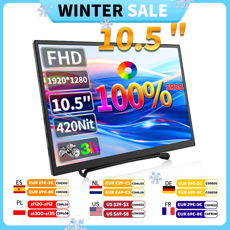 HGFRTEE 10.5 inch Portable Monitor 420Cd/m ² FHD 1280P 100% SRGB Laptop Second Screen For Mac Xbox PS4/5 Switch