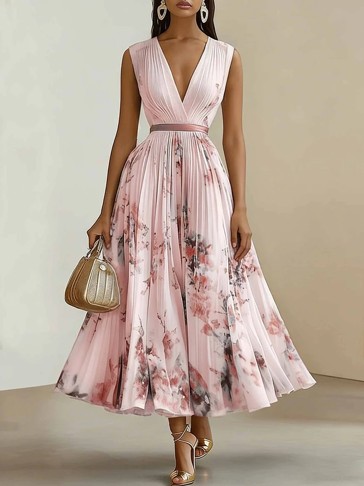 Women Vintage V-Neck Retro Printing Slim A-Line Dress Sleeveless Party Dress Summer Elegant Fashion Ladies Dresses Vestidos 2026