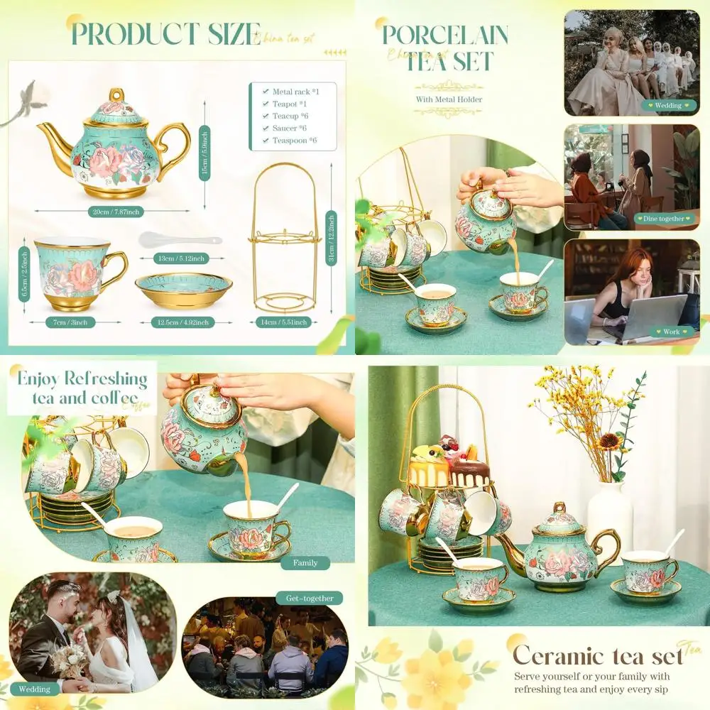 

Чайный сервиз из фарфора на 6 персон с металлической подставкой и ложками, в европейском стиле, расписанный вручную, для чаепитий и в подарок