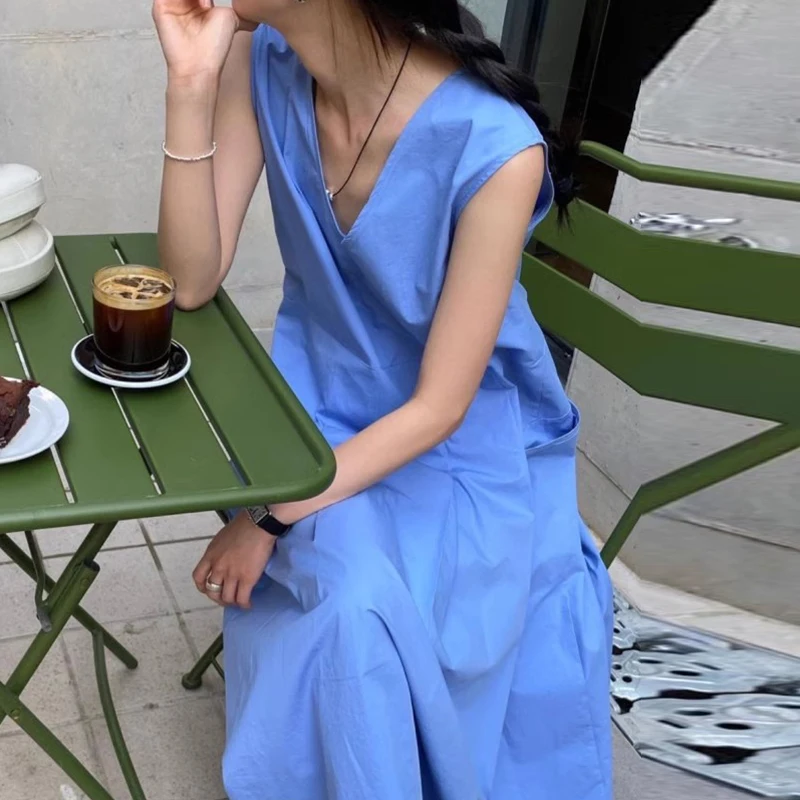 Korean Series Chic Summer French sle Retro V-neck Pleat Design Waist Hugging Slimming Sleeveless Vest Dress Long dress Women