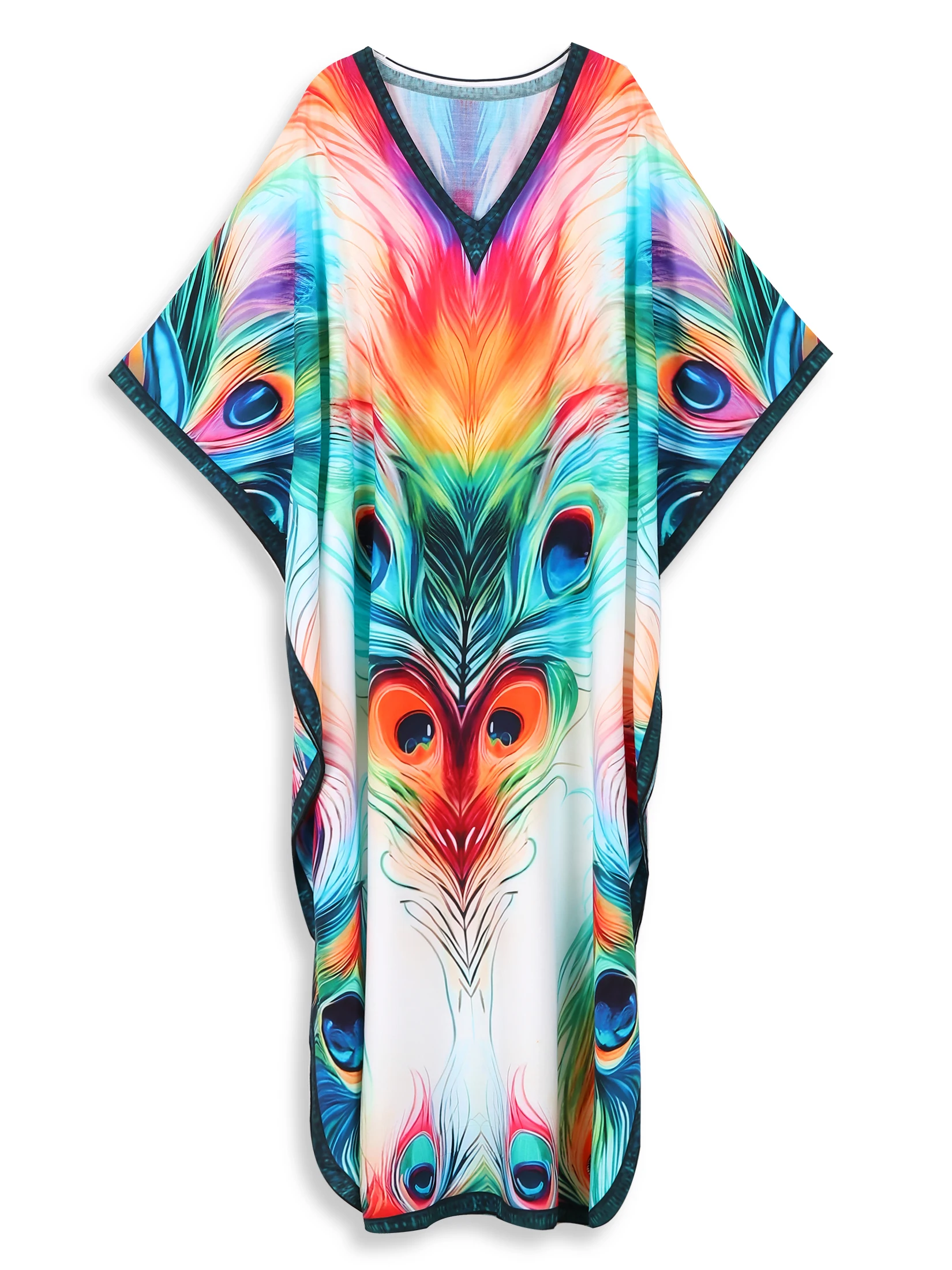 Peacock Printed Bohemian V Neck Batwing Sleeve Kaftan Beach Dress For Women Clothing 2024 Summer Vacation Moo Moo Dreses Q1638