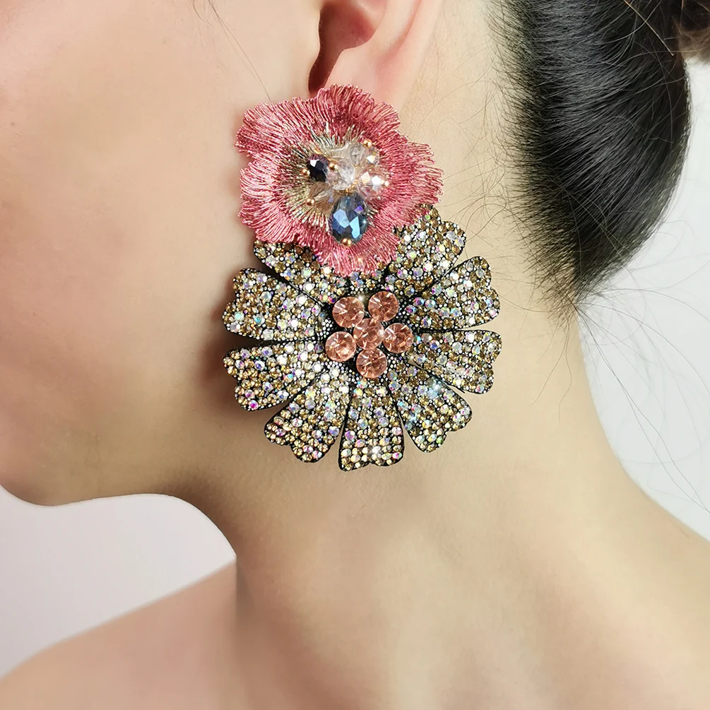 Big Rhinestones Flower Drop Earrings For Women Statement Crystal Dangle Earring Fashion Party  Jewelry Pink Accessories