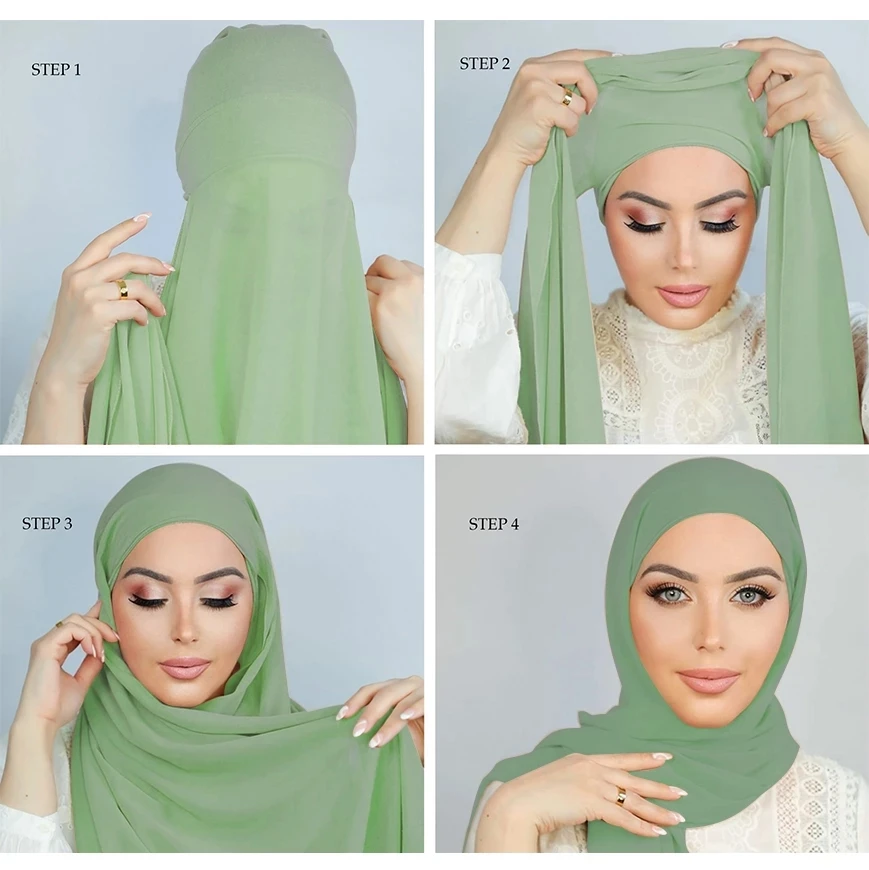 

Muslim Women Chiffon Hijab With Cap Bonnet Instant Chiffon Hijab Pinles Shawl Head Scarf Under Scarf Caps Cover Headwrap