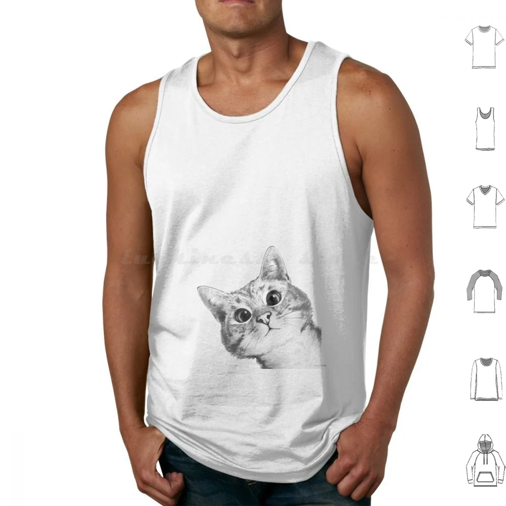 Sneaky Cat Long Frame Tank Tops Print Cotton Cat Peekaboo Black And White Humour Kitten Cats Cute Funny Animals Kitty Happy