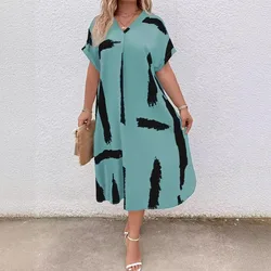 Spring Summer Fashion Printed Dress Women Sexy V-neck Short Sleeve Dress Casual Loose Fitting Dress