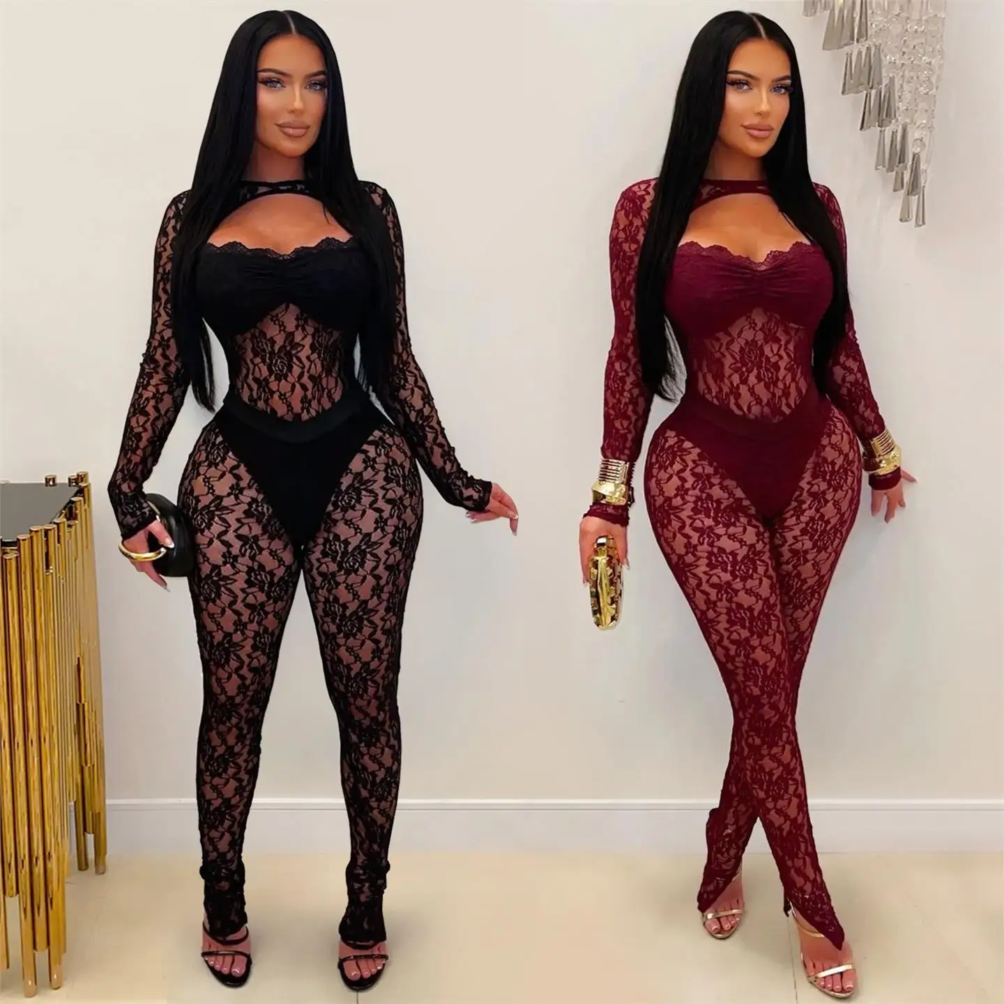 

Fashionable Sexy See-through Lace Bodycon Jumpsuit Women's Long Sleeve Regular Cuff Spring Season Cross-border Clothing