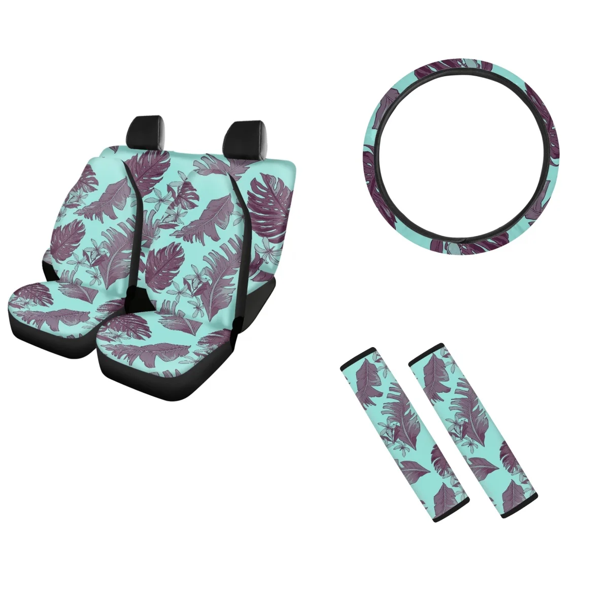 

Car Seat Cover Tropical Monstera Pattern Sweat Absorption Comfort Steering Wheel Cover Non-Slip Vehicles Seatbelt Shoulder Strap