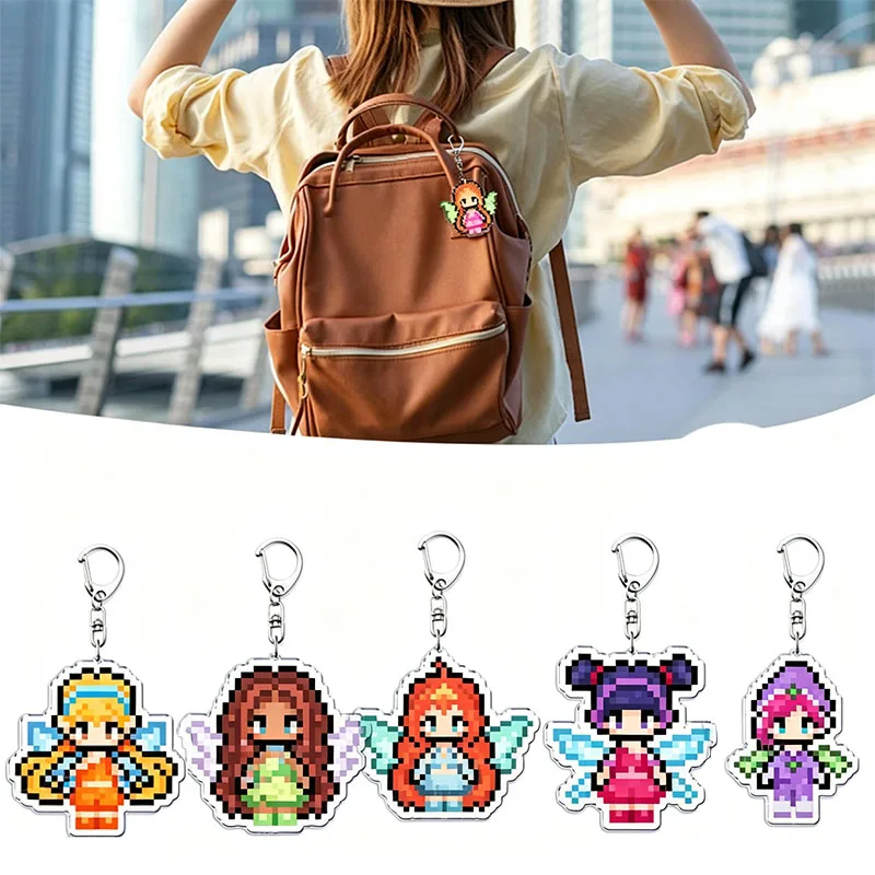 Cute Catoon Pixel Keychains Women Bag Charm Fairy For Stella Musa Tecna For Magical Girl Fairies Key Rings Jewelry Friends Gifts
