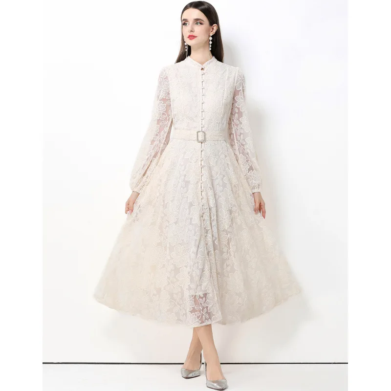 Ele High Waist Lace Dr with Lantern Sves And Stand Collar for Women Thiened Long Skirt for Daily Wear