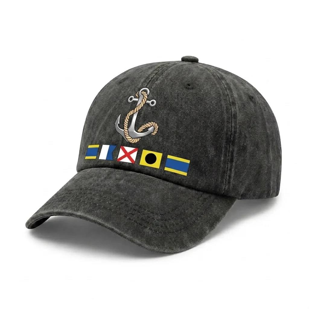 Vintage Washed Nautical Anchor Signal Flag Graphic Baseball Cap, Adjustable Unisex Dad Hat, Sailing Boating Gift