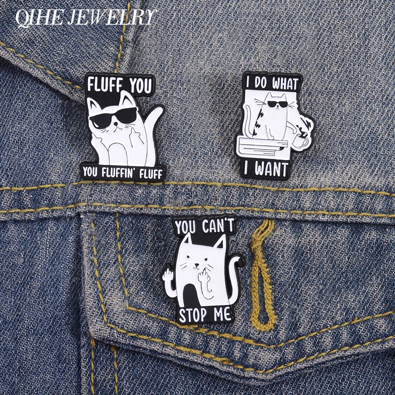 Satirically Rude Gesture Cat With The Middle Finger Enamel Pins I Do What I Want You Can't Stop Me Brooches Lapel Badge Jewelry