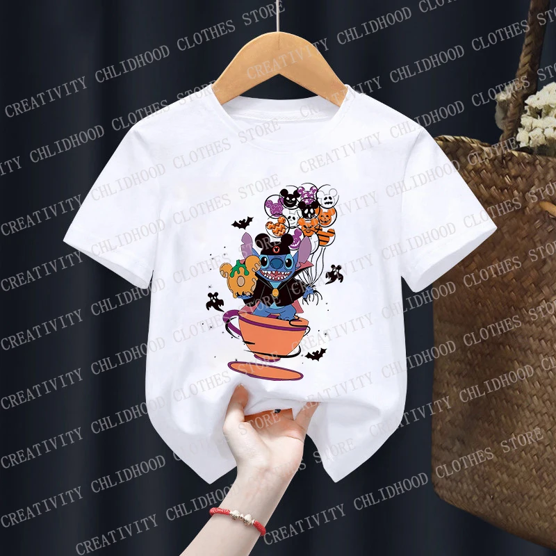 Disney Halloween Stitch Camiseta infantil, Tops de manga curta, Abóbora roupas de desenho animado, Criança, Menino, Menina, Criança, Casual, Verão