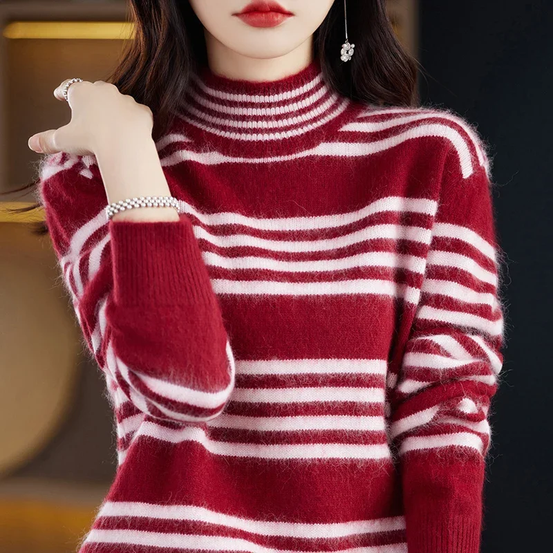 WinvyNee Women Clothing Mink Cashmere Sweater Half High Collar Red Stripped Tops Outerwears 2024 Plus Size Pullover A1248020