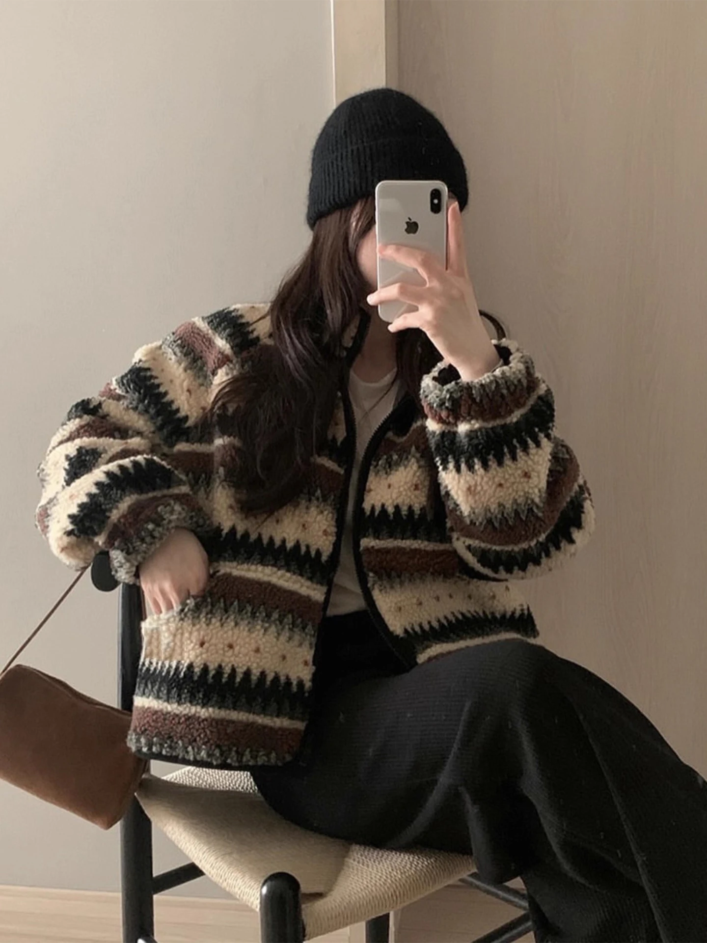 

Retro Nordic Sle Fair Isle Knit Lamb Fur ort Jaet Women's Winter New Fce Warm Cotton Coat Commute Sle Loose Fit