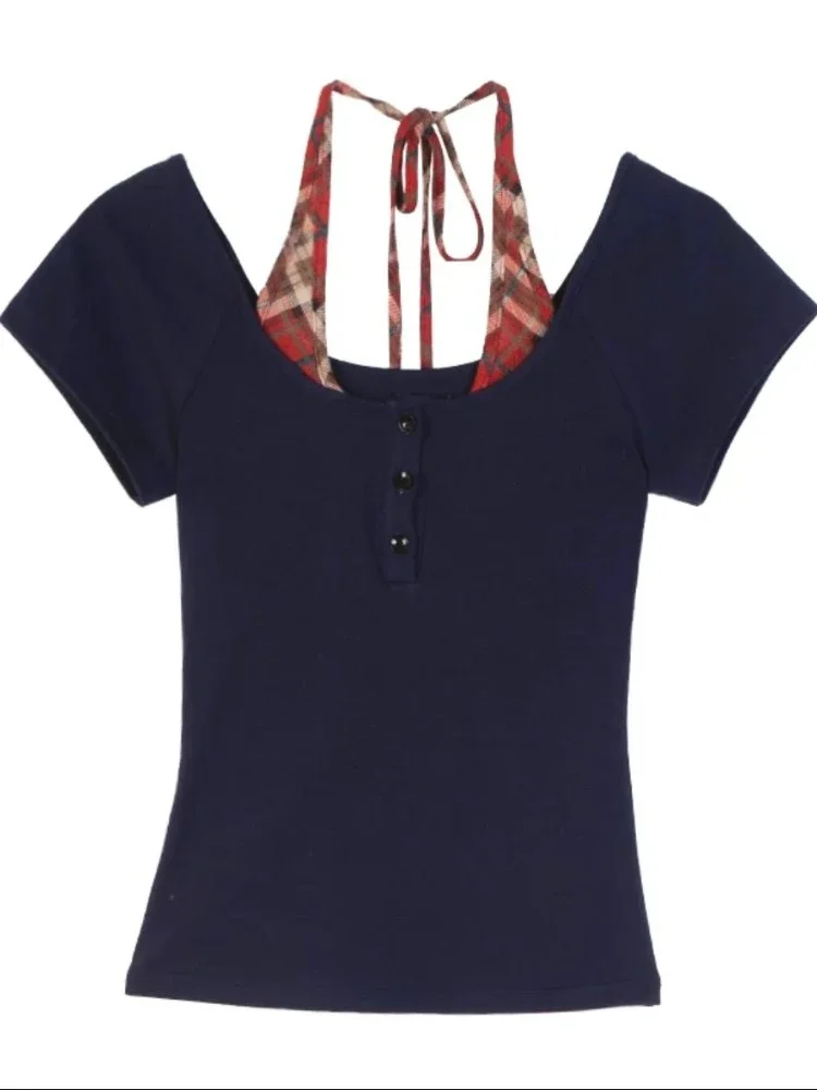 Falso duas peças retalhos halter colheita topos y2k estética único breasted vintage t 2025 verão grunge bottoming camiseta feminina