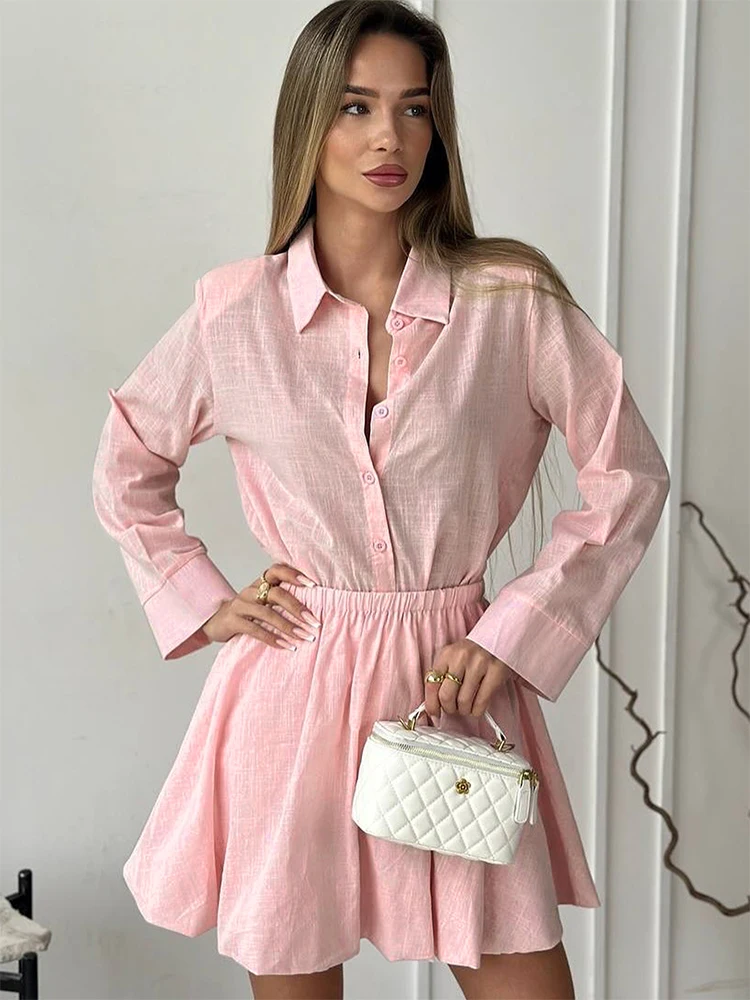 

GELITAYIN Autumn New Women Blouses Skirt 2 Piece Streetwear Fashion Button Turn-down Collar Long Sleeves Blouses Top Solid Sexy