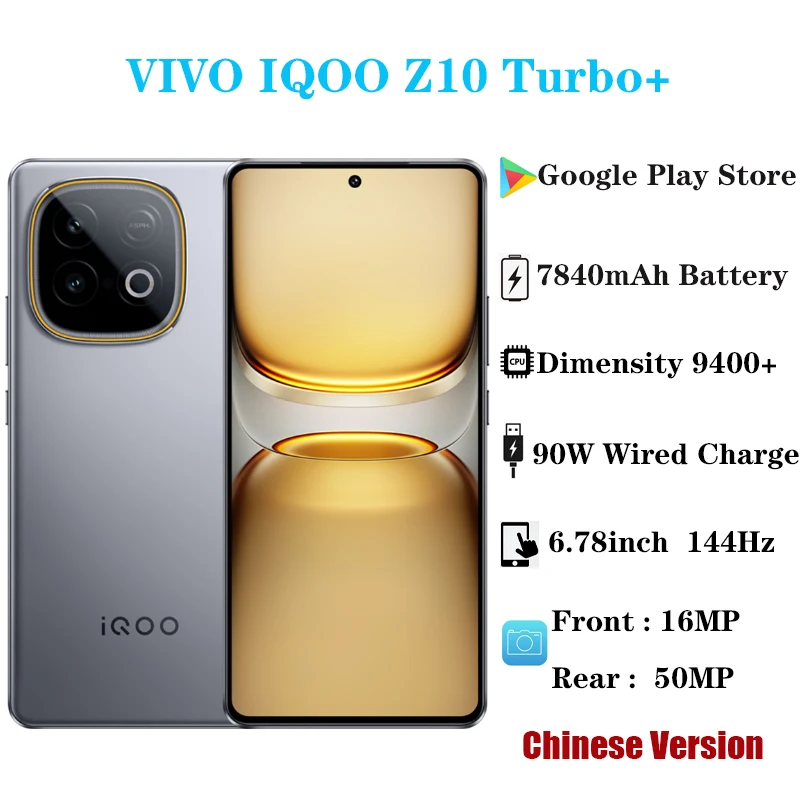 هاتف ذكي أصلي Vivo IQOO Z10 Turbo Plus الأبعاد 9400+ بشاشة AMOLED 6.78 بوصة 144 هرتز بطارية 8000 مللي أمبير في الساعة 90 وات شحن فائق OTA
