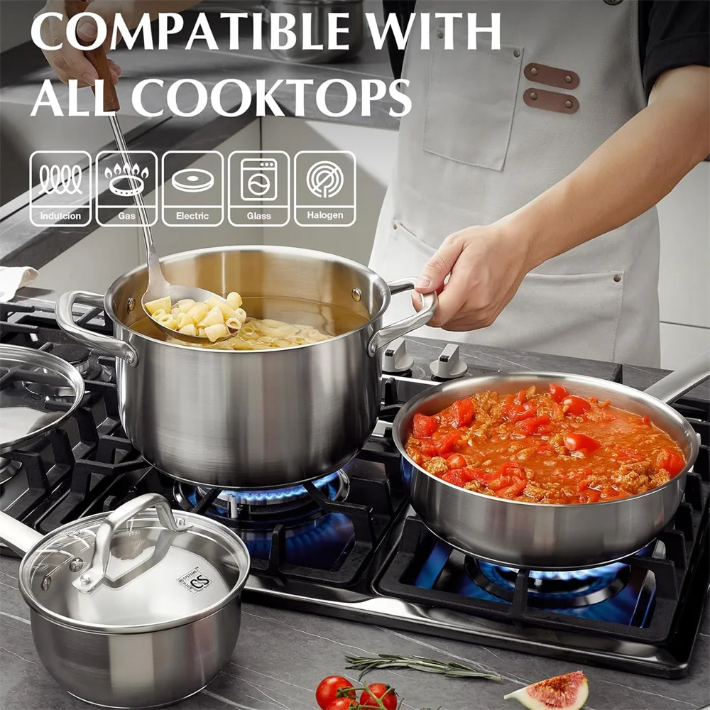 KOCH SYSTEME CS 10Pcs Non-stick Frying pan Soup pot Set Stainless Steel Pots and Pans Mlik Pot Sauce pot Steak Skillet Gas stove Induction Compatible