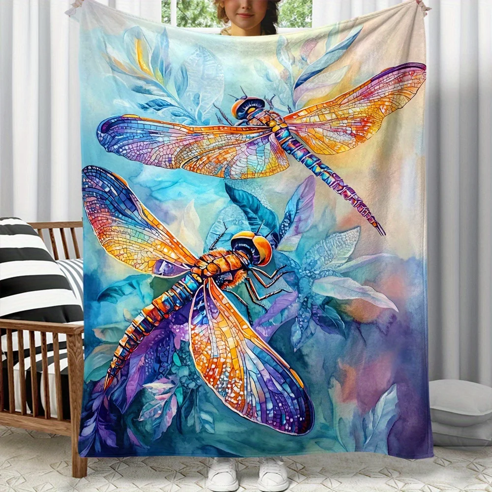 Colorful Dragonfly Print Portable Blanket, Soft and Warm Digital Printed Fleece Fabric for Sofa, Bed, Travel, Camping, Office
