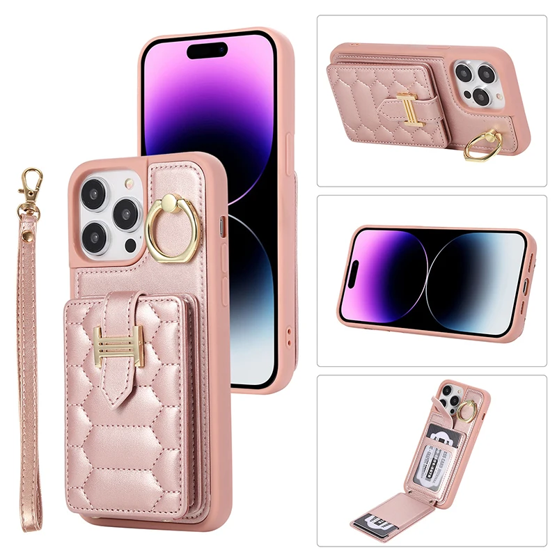 Suitable for iPhone 14 15 Cases Fashion Diamond Lattice Solid Insert Card Crossbody Card Case Finger Ring Buckle Phone Cases